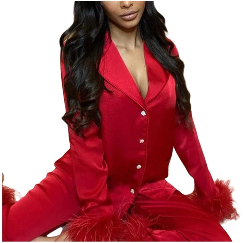 Women Satin Silk Pajamas Set, Feather Trim, Long Sleeve,  Button Down, size M